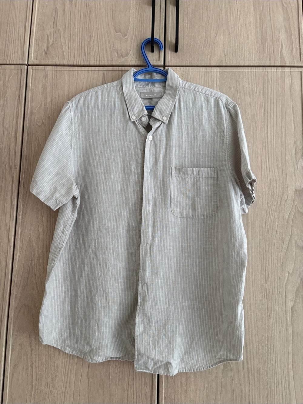 Men's EverlaneShort-Sleeve Button-Down Linen Shirt in Light Beige Stripe
